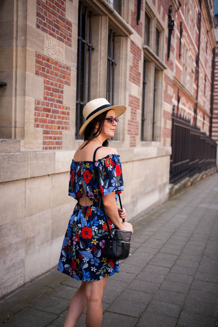 Outfit: panama hat, floral off shoulder dress