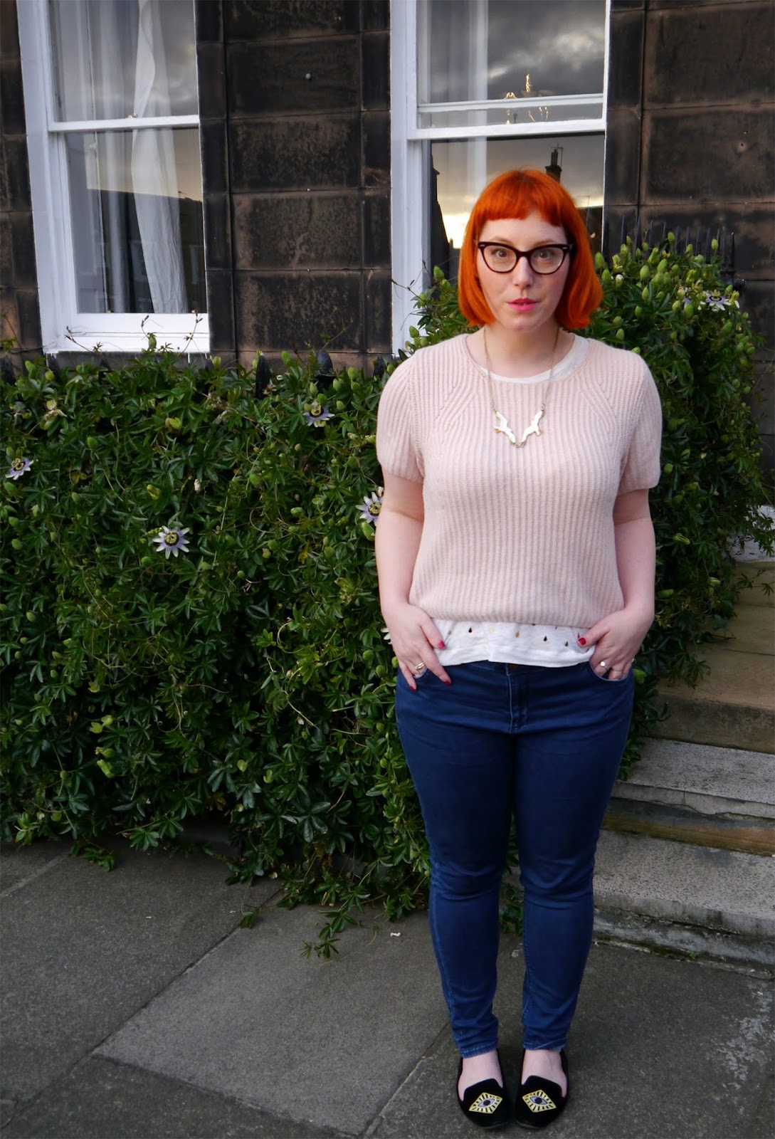 Pretty in Pink Scottish blogger, red head, red hair, ginger, cate eye glasses, Edinburgh blogger, Edinburgh street style, causal street style, pink topshop jumper, Zara tshirt, Monki shoes, slipper shoes, flat shoes, Topshop jeas, indigo jeans, Karne Mabon seagull necklace, Karen Mabon jewellery, Edinburgh