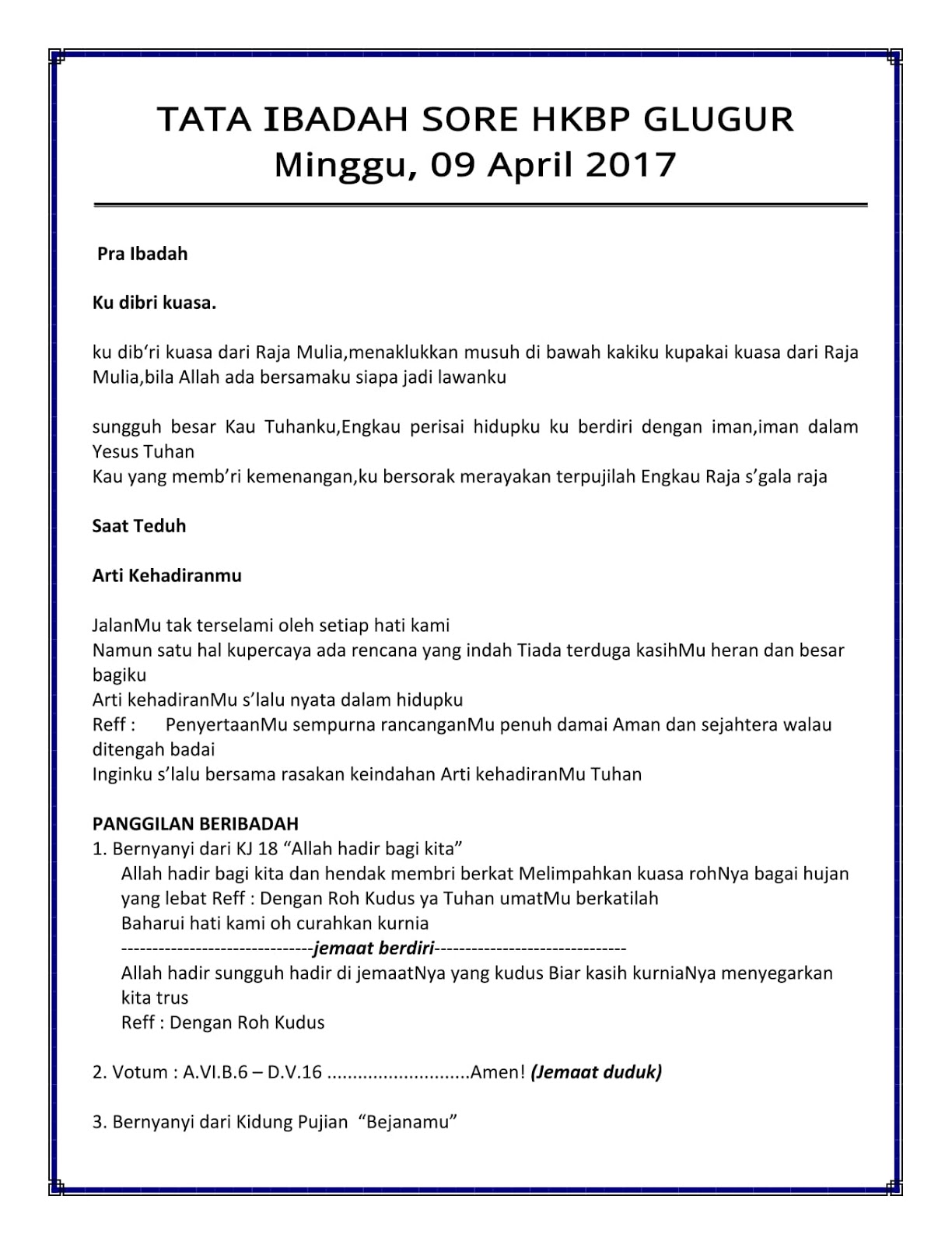 Tata Ibadah Sore 09 April 2017 HKBP GLUGUR RESSORT MEDAN Tata Ibadah Sore 09 April 2017 HKBP GLUGUR RESSORT MEDAN