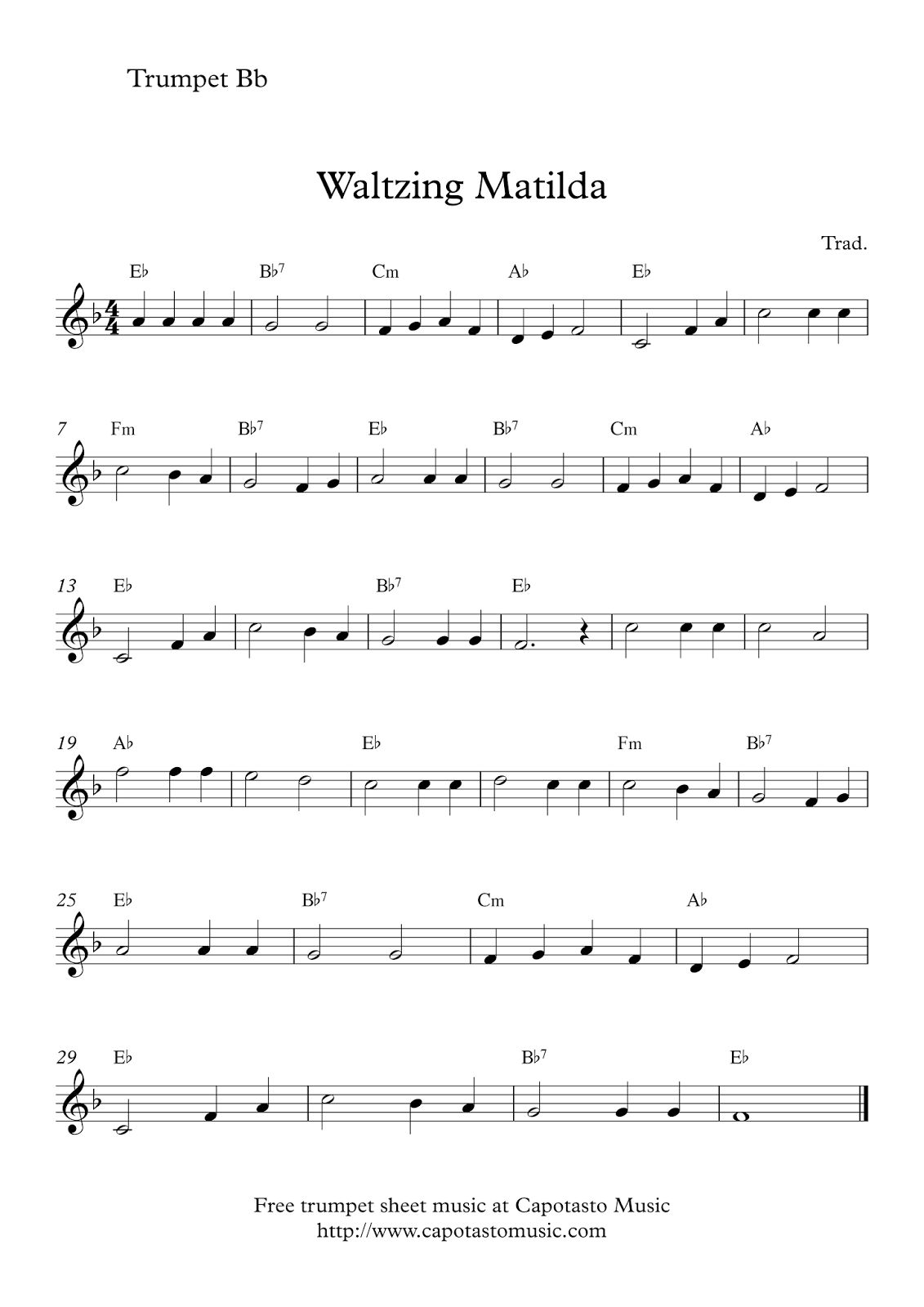 Free Printable Sheet Music Free Trumpet Sheet Music Waltzing Matilda