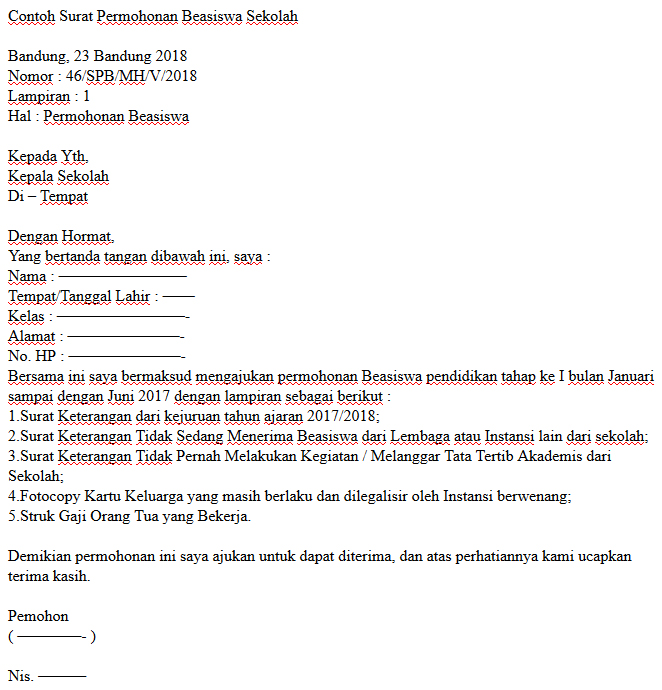 Contoh Contoh Surat Permohonan Beasiswa Sekolah Yang Baik
