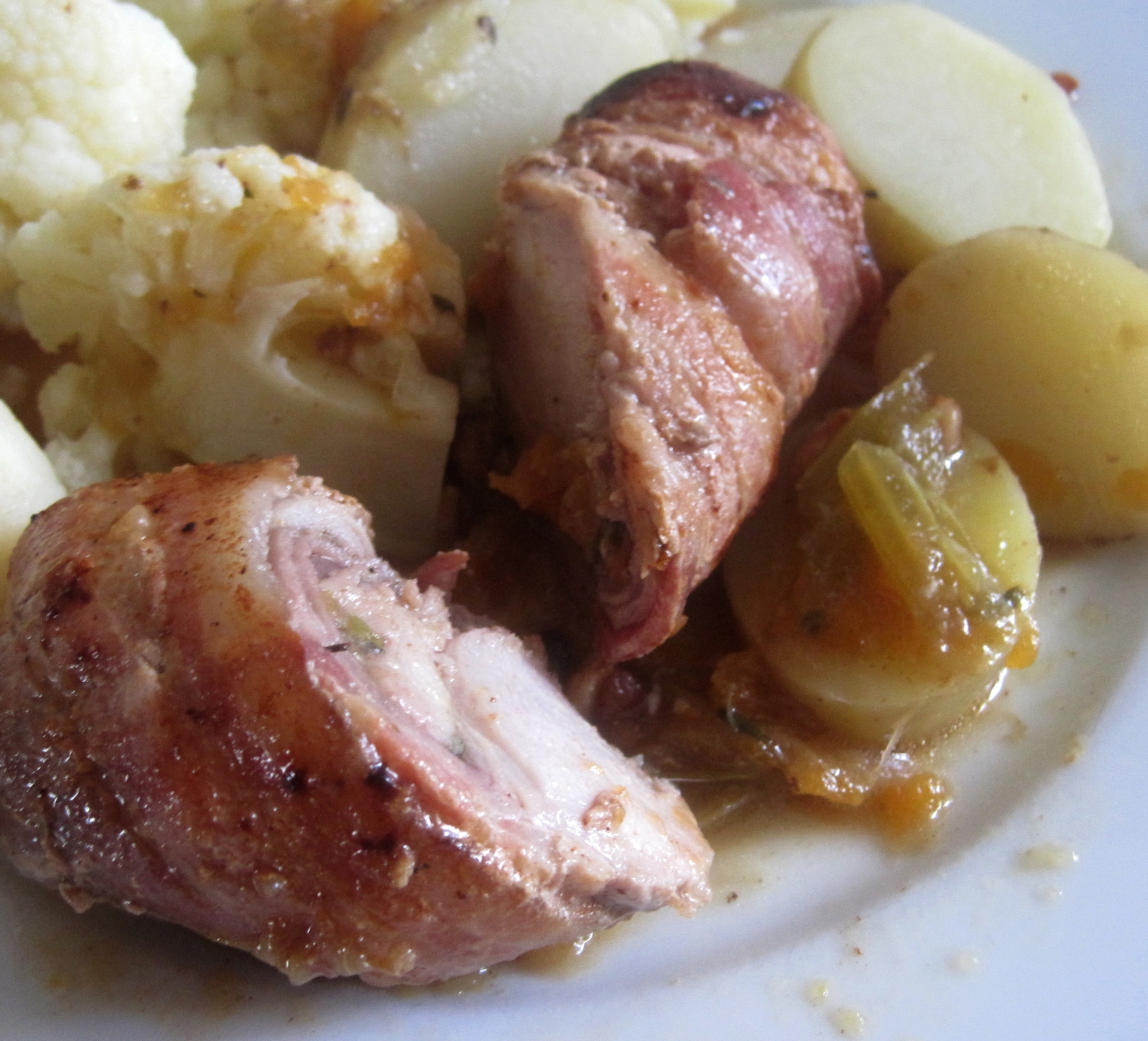 Lynne's Dinners Buttermilk Rabbit Loins wrapped in Bacon, cauliflower