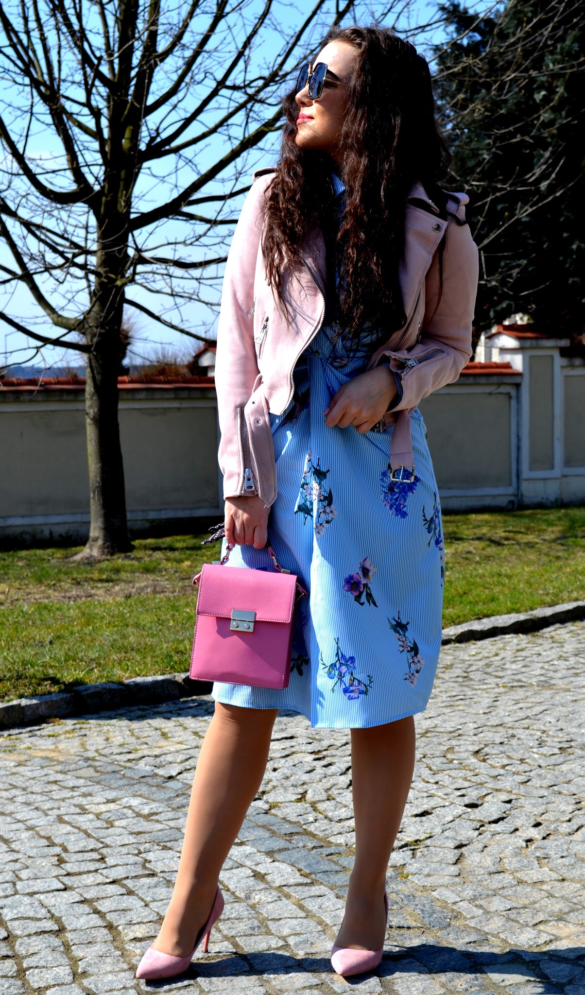 Long Sleeve Floral Stripes Twist Shirt Dress