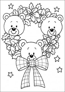 Three cute teddy bears decorated in Christmas wreath coloring page image