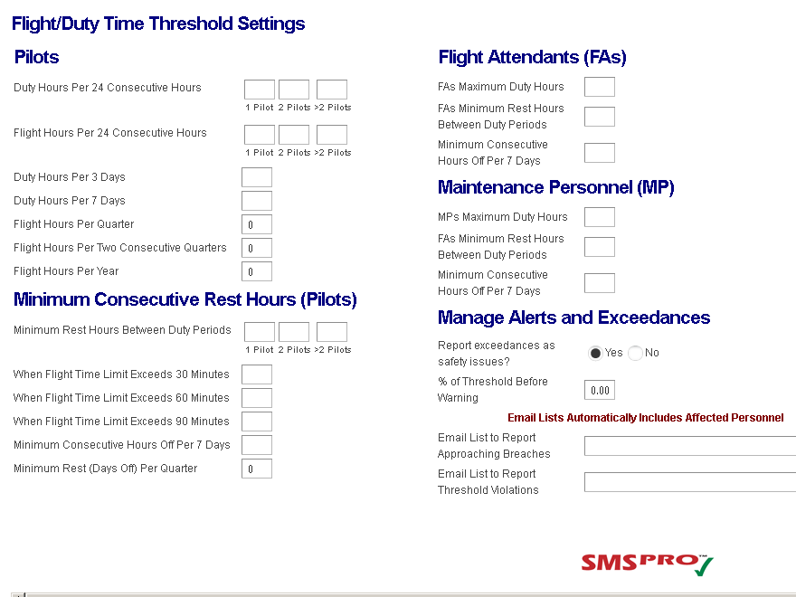 Pilot FlightDuty Time Configuration in SMS Pro Aviation Safety