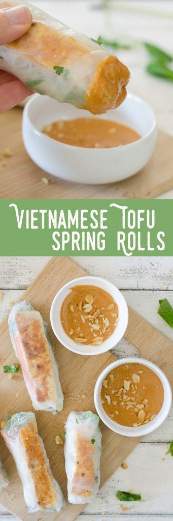 Vietnamese Tofu Spring Rolls! You will love these healthy salad rolls. Spring Rice Rolls stuffed with crispy peanut tofu, shredded cabbage, carrots, mint, cilantro and vermicelli noodles. Served with a spicy peanut-lime dipping sauce. Vegan and easily gluten-free. #vegan #dessert #healthy