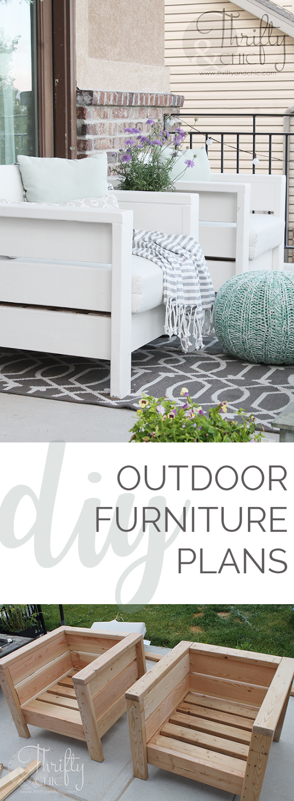 DIY outdoor porch or patio furniture. Learn how to make these chairs for about $20 each!  Porch and patio decor and decorating ideas