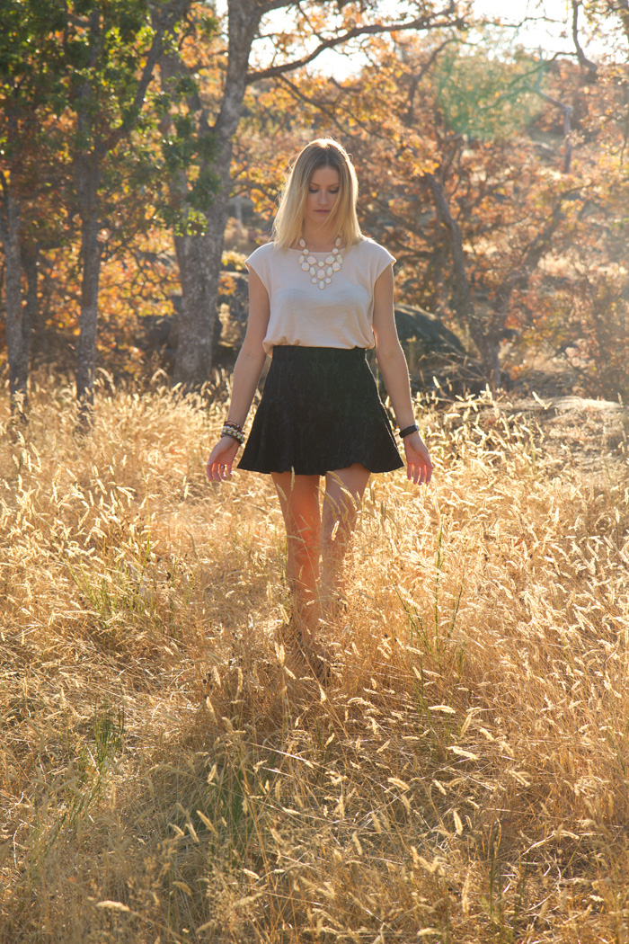 Vancouver Fashion Blogger, Alison Hutchinson, wearing Kookai nude top, H&M necklace, Zara forest green mini skirt, Urban Outfitters black suede boots, XO Bella and True Worth Design bracelets, H&M pink and gold bag