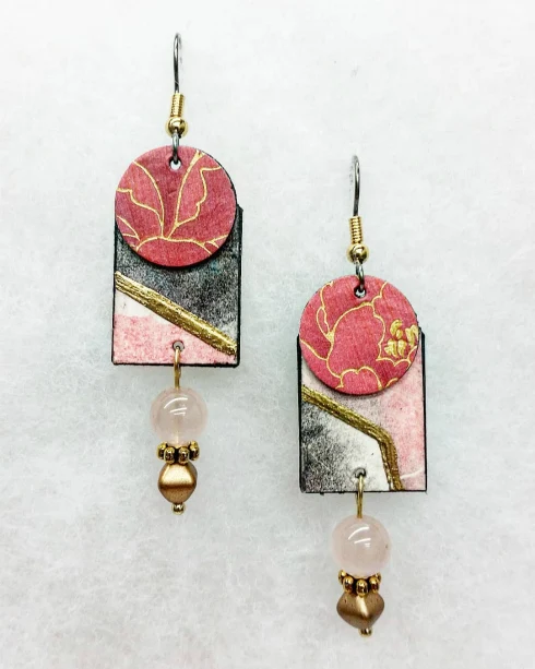Handmade pink, gray, and gold paper earrings