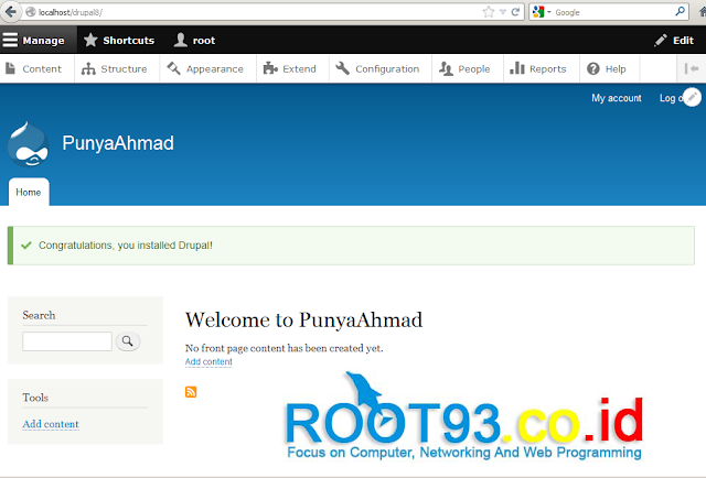 Drupal 8 berhasil terinstal