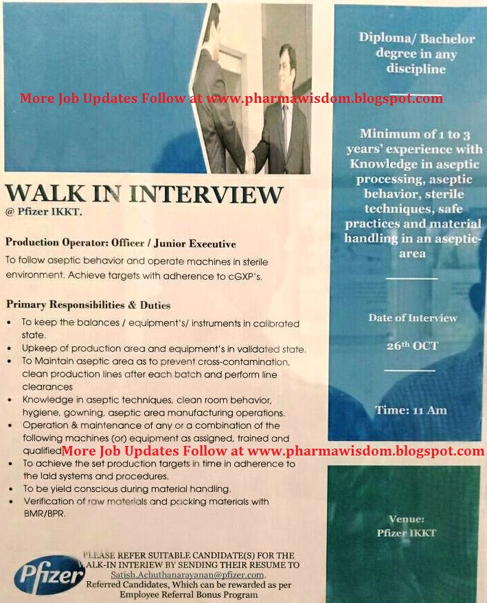 Pfizer WalkIn Interviews for Operator / Officer / Jr. Executive