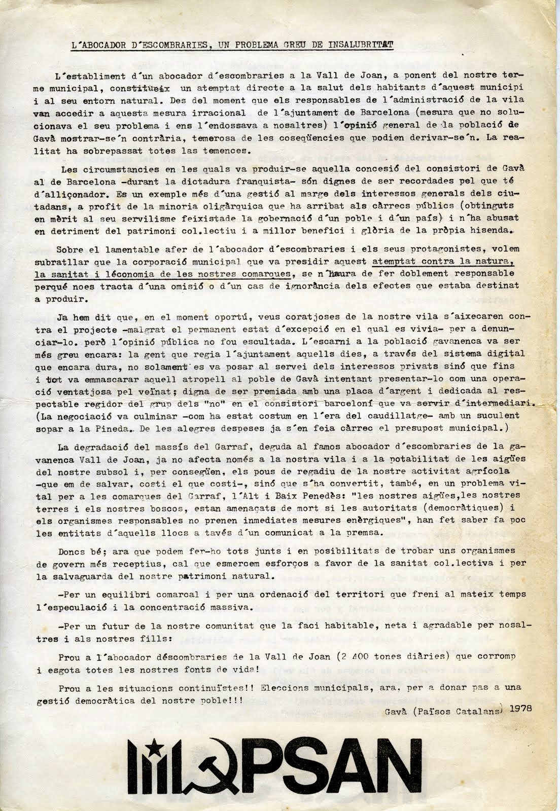 Manifest del PSAN Gavà any 1978