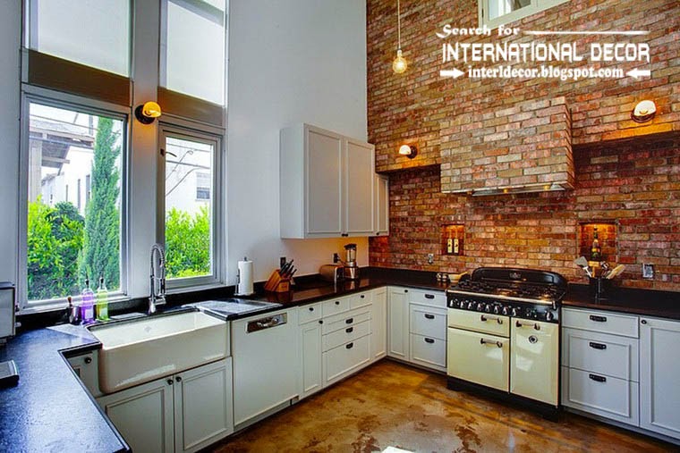 tips to creating retro interior design style, retro style kitchen in white and brick wall