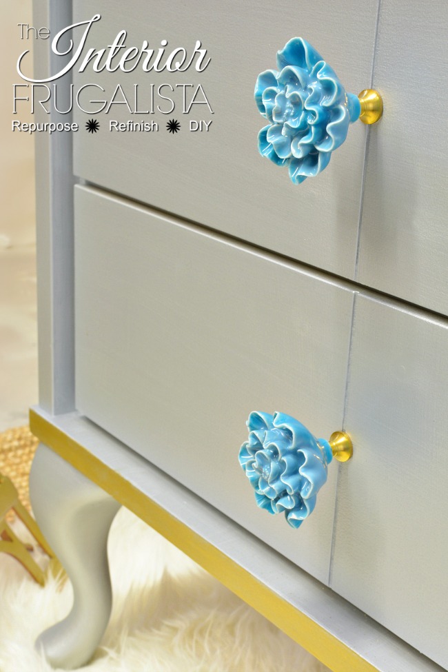 Turquoise Floral Bloom Knobs on Metallic Night Stand Makeover