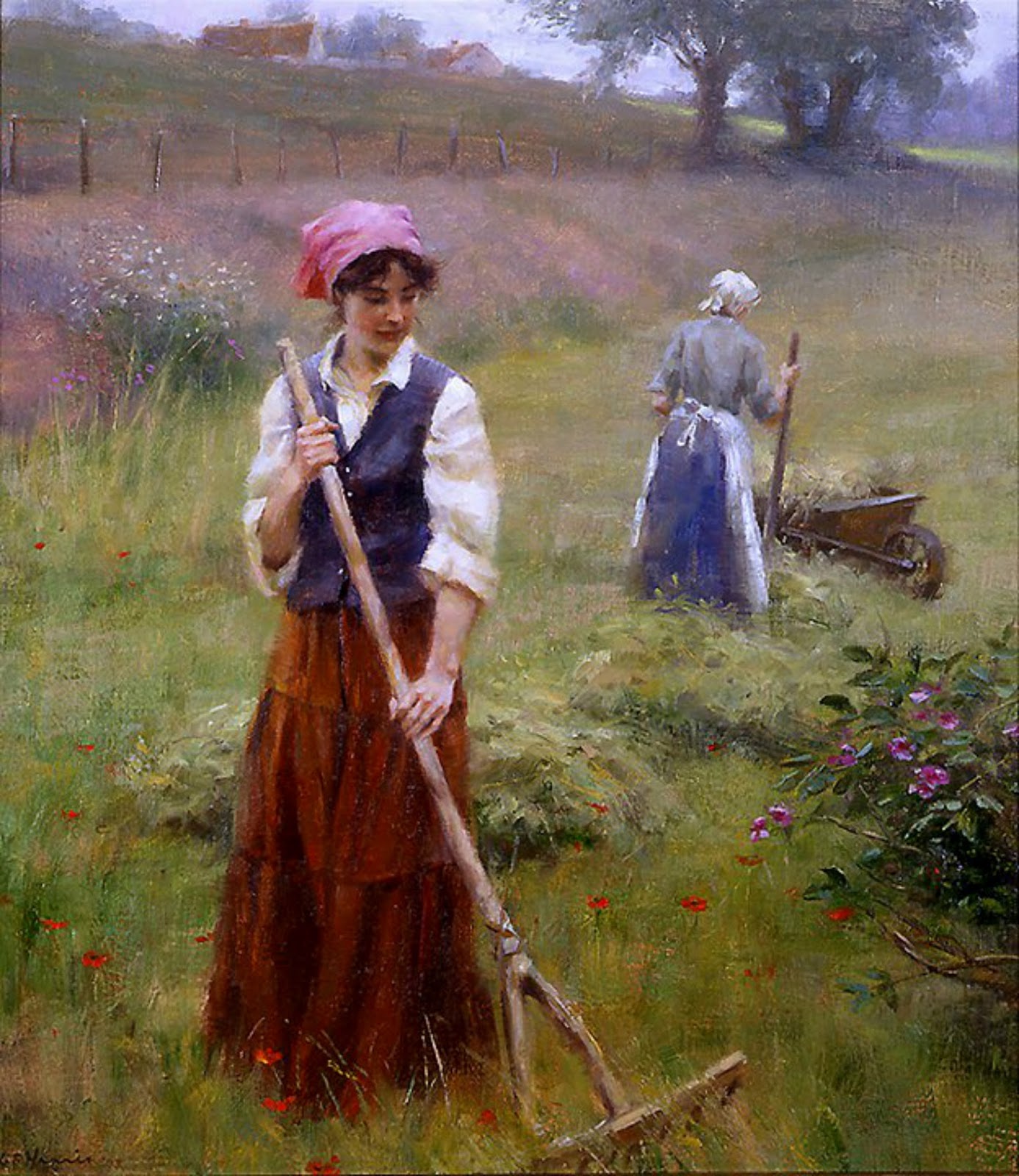 крестьянка в платке. картины. даниэль риджуэй найт художник. женщина крестьянка. маковский девочка в красном платке.