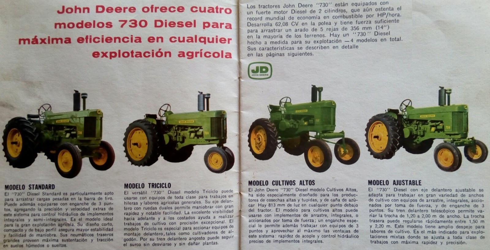 Transmisión: John Deere Tipo: engranajes no sincronizados. Velocidades: 6  adelante y 1 atrás. Tracción: 4x2 2WD Dirección: manual