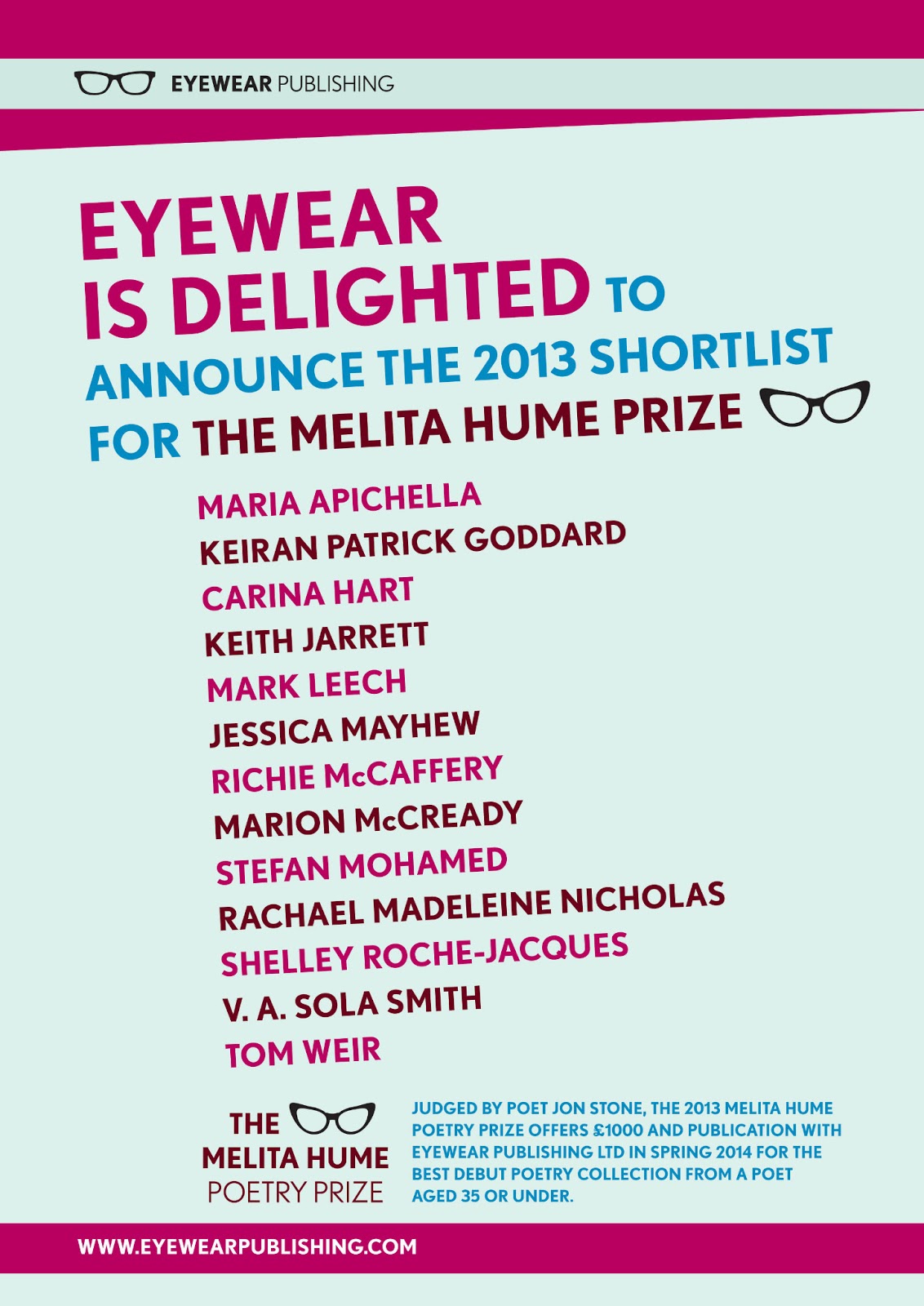 THE MELITA HUME POETRY PRIZE SHORTLIST FOR 2013!