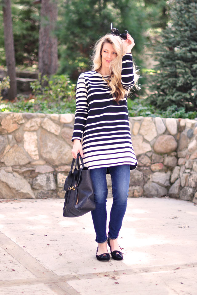 striped shift dress with skinny jeans and loafers