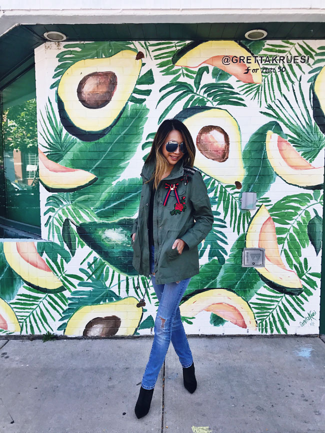How to Style a Cargo Jacket, Cargo Jacket Style Steal, Cargo Embroidered Jacket, Chicago Avocado Mural, Avocado Wall