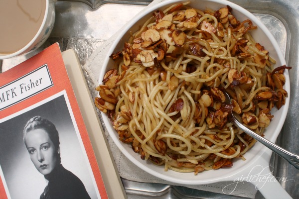 Spaghetti w/ Almonds in Cinnamon Honey Butter {cook the books: How to Cook a Wolf by MFK Fisher} | www.girlichef.com