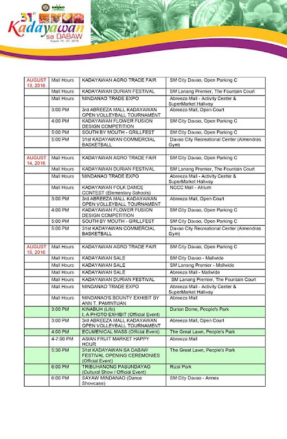 Kadayawan 2016 Official Schedule of Events