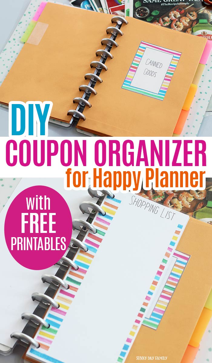 Turn your Happy Planner into a Coupon Organizer with FREE printables! An easy DIY project for Happy Planner to organize your coupons by category, or customize them any way that you'd like. Includes printable labels and a printable shopping list. Super cute and so functional! #couponing #coupon #planner #DIY #printables