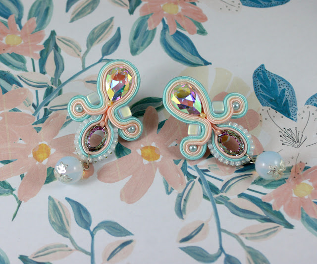 Pastels Soutache earrings,very elegant for wedding. Dangle Opals.