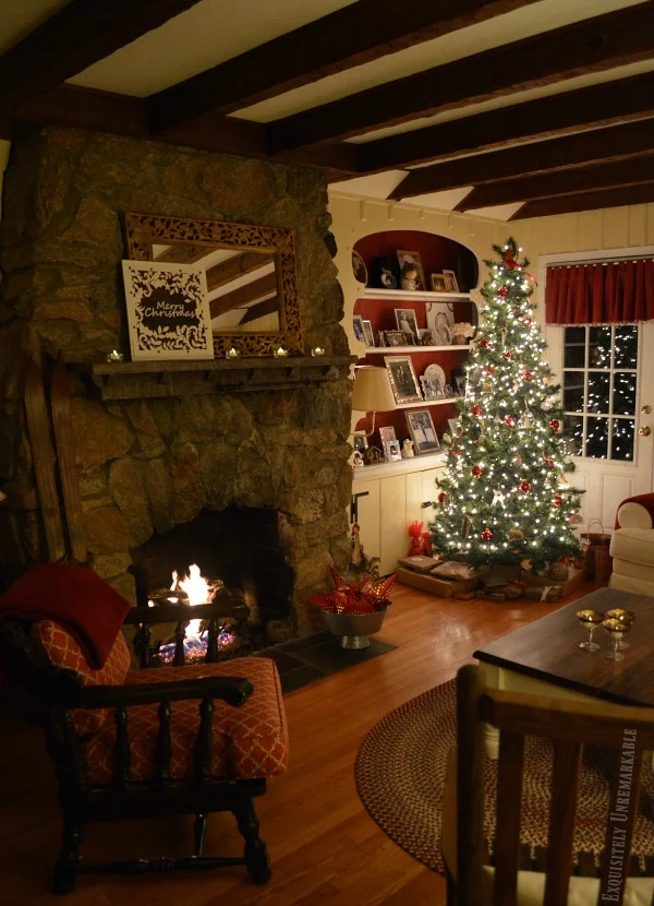 Rustic Christmas Living Room With Stone Fireplace