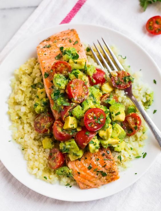 Salmon With Cauliflower Rice and Avocado Salsa Inspired Taste Recipes