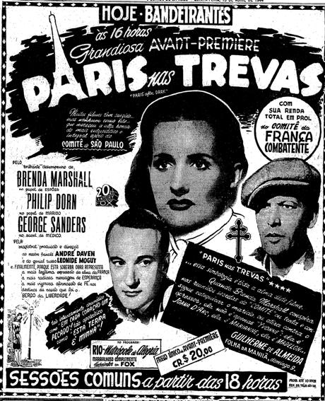 Propaganda do filme 'Paris nas Trevas' lançado no Brasil em abril de 1944.