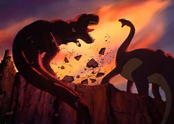 dinosaurs fighting in The Land Before Time 1988 animatedfilmreviews.filminspector.com