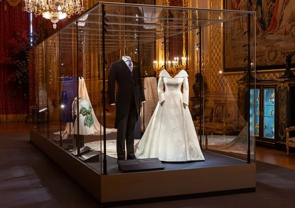 Princess Eugenie wore Zac Posen evening gown. Greville Emerald Kokoshnik Tiara, Peter Pilotto wedding dress