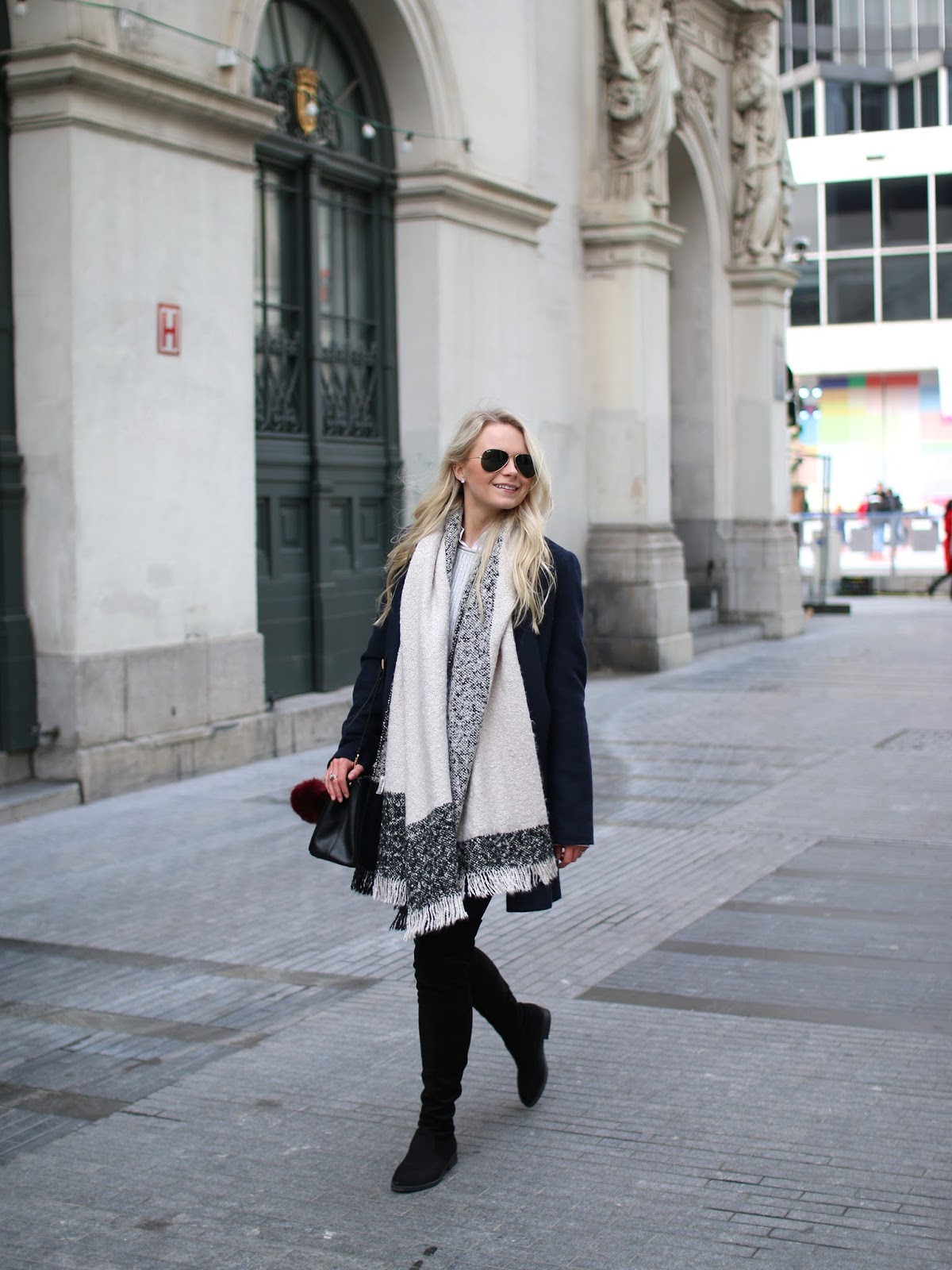 happy wandering through the small streets of belgium in office over the knee boots and river island over sized scarf