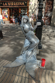 Mermaid Human Living Statue in La Rambla, Barcelona