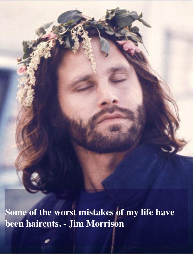 Jim Morrison with a beard. Eyes closed and flowers in his hair.  Some of the worst mistakes of my life have been haircuts. Mr. Mojo Risin and other stories of Rock, Radio, and Regulations. Marchmatron.com