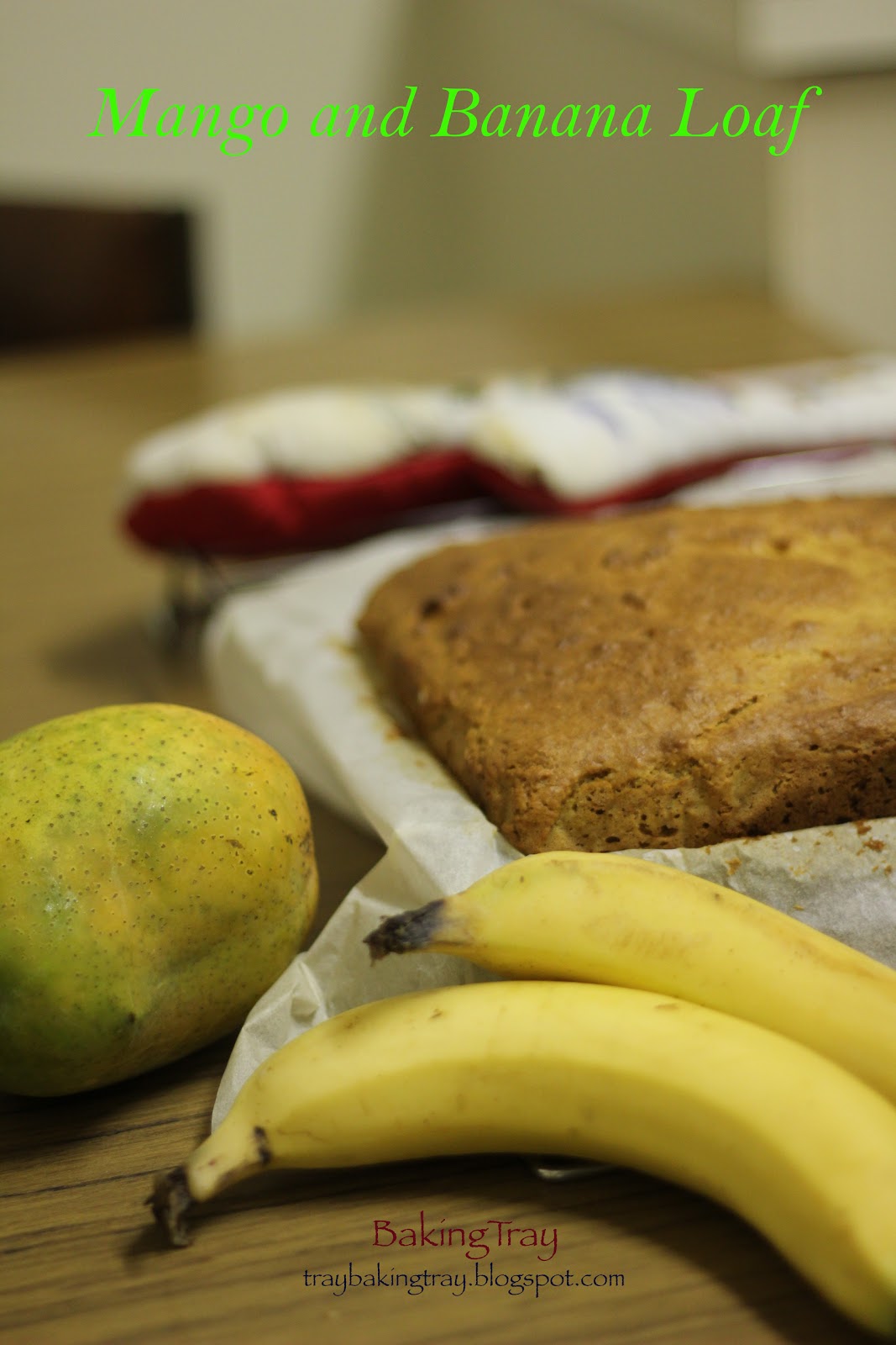 BAKING TRAY \________/ Mango PLUS banana EQUALS Delicious cake )
