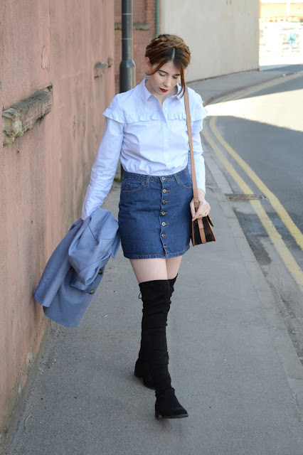 Blue prairie shirt from Marks and Spencer, Alexa Chung style, Thigh high black suede boots from Public desire, Denim skirt, Light blue jacket from Asos. 