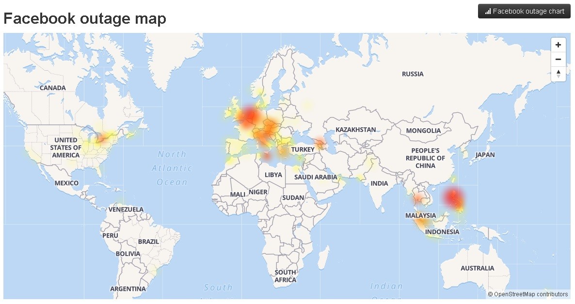 Screenshot of Facebook Outage Map from downdetector.com via rt.com