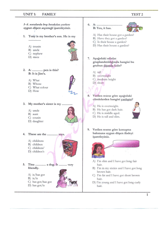 6.Sinif Family Konusu Test ingilizce eğitimi