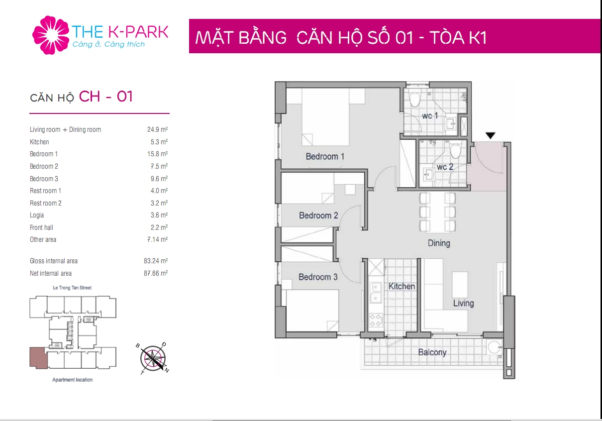 Mặt bằng căn hộ số 01 - Tòa K1 Mặt bằng căn hộ số 01 - Tòa K1