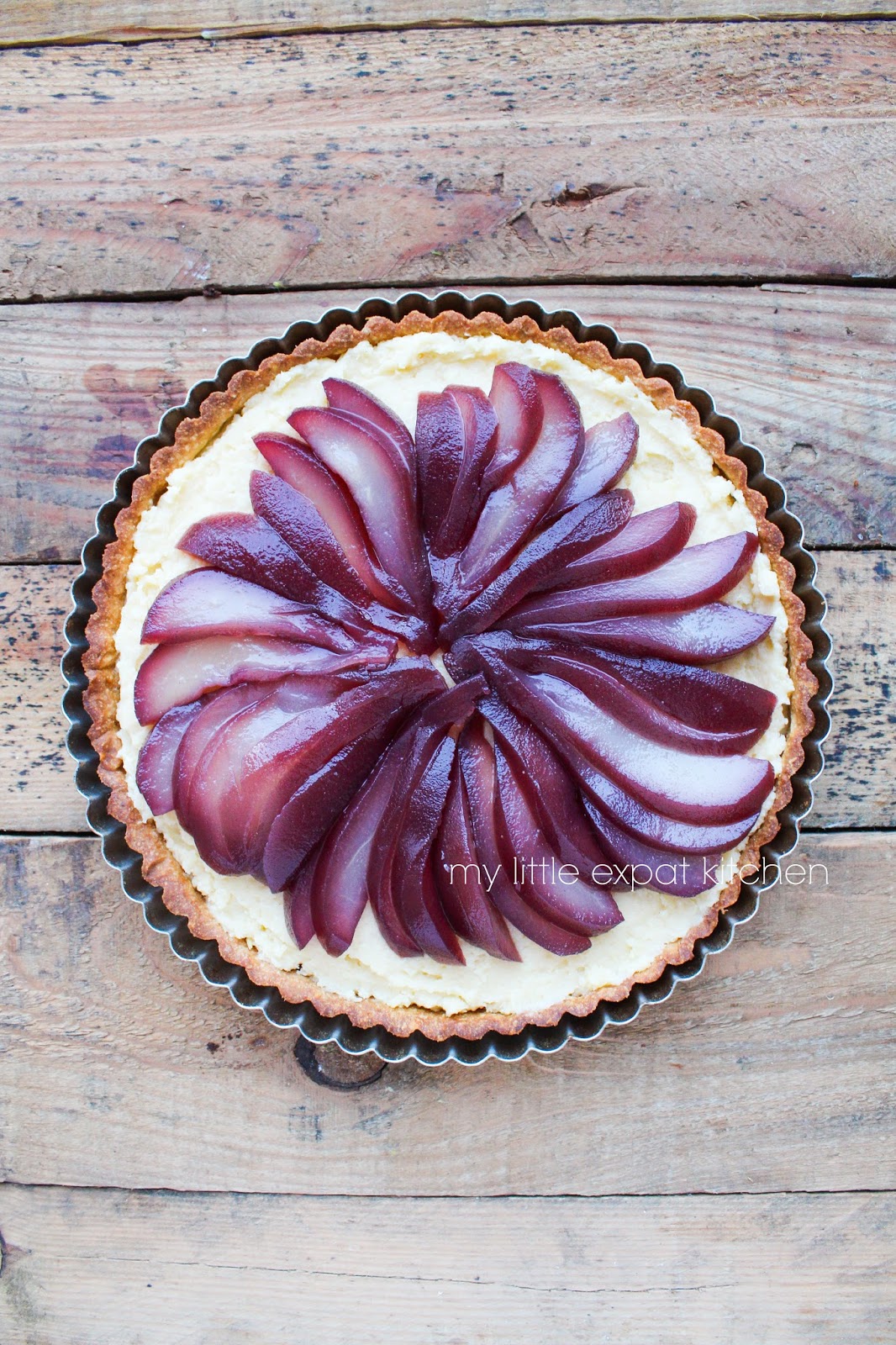 My Little Expat Kitchen Spiced redwine poached pear and frangipane tart