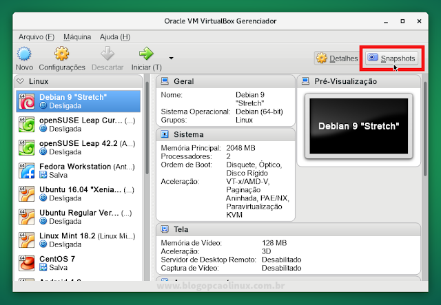 Clique no botão "Snapshots" da sua VM Clique no botão "Snapshots" da sua VM