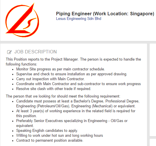 Oil &Gas Vacancies Piping Engineer Lesus Engineering Sdn Bhd Singapore