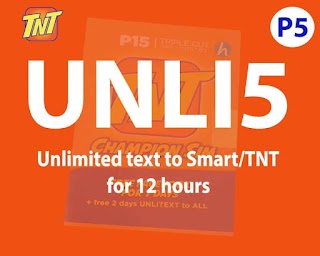 TNT UNLI 5 – Unlimited texts to Smart/Talk N Text for Only 5 Pesos TNT UNLI 5 – Unlimited texts to Smart/Talk N Text for Only 5 Pesos
