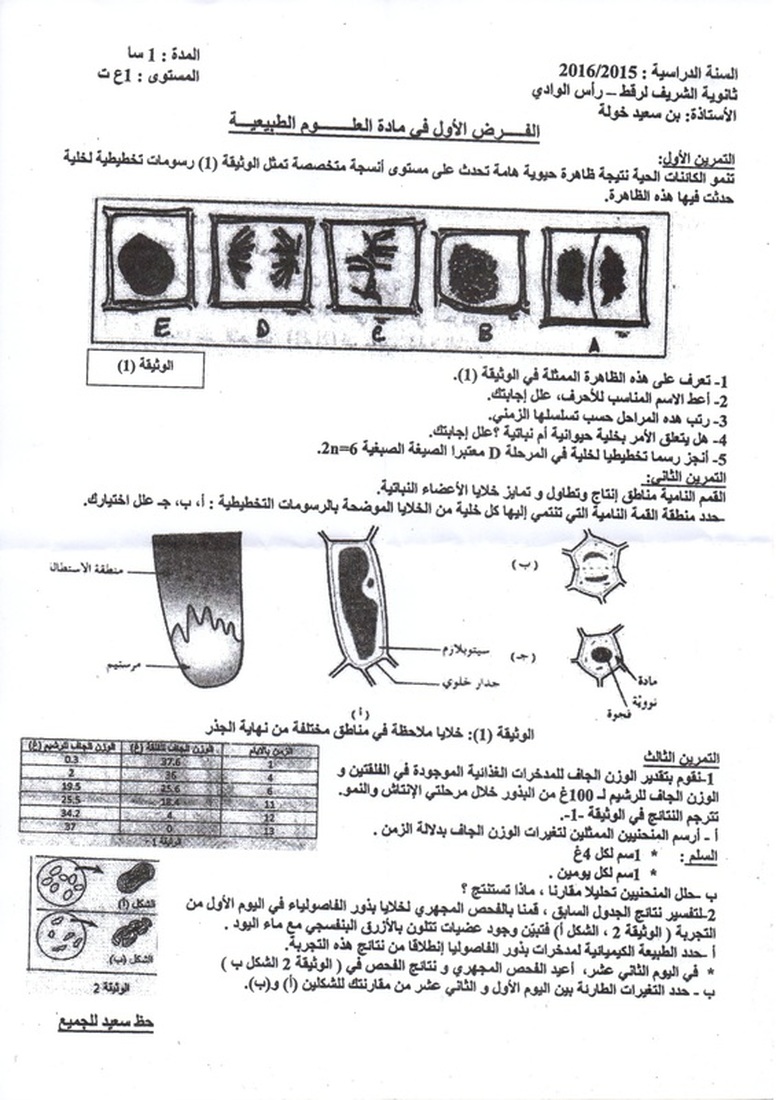 الفرض الأول للفصل الأول في العلوم الطبيعية سنة أولى ثانوي شعبة علوم وتكنولوجيا الفرض الأول للفصل الأول في العلوم الطبيعية سنة أولى ثانوي شعبة علوم وتكنولوجيا
