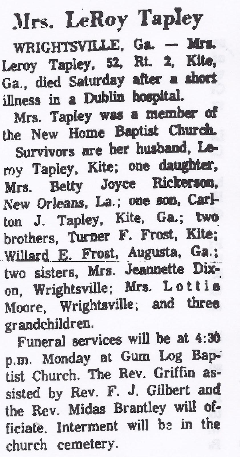 My Tapley Tree...and its Branches Sunday's Obituary Annie Frost Tapley