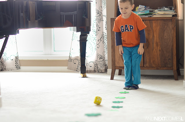 Gross motor counting game for kids that's perfect for St. Patrick's Day