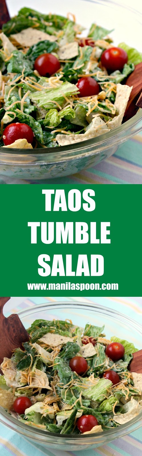 Crunchy tortillas and cumin-flavored dressing give this southwestern-style salad its delicious flavor! With few ingredients and just 5 minutes to make - it's a winner every time! | manilaspoon.com Crunchy tortillas and cumin-flavored dressing give this southwestern-style salad its delicious flavor! With few ingredients and just 5 minutes to make - it's a winner every time! | manilaspoon.com