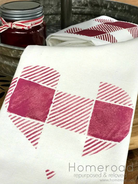 Stenciled Buffalo check red heart on towel