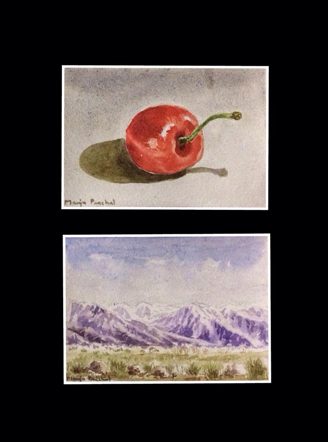 water colour painting of a single cherry and snow capped mountains by Manju Panchal